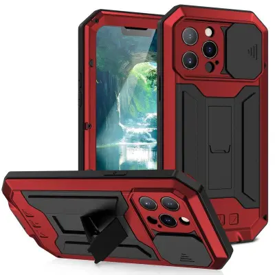 R-JUST iPhone 13 Pro Mobilskal med Ställ och Tempererat Glas Röd