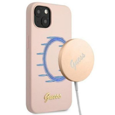 Guess iPhone 13 Skal Magsafe Silicone Script Gold Logo - LjusRosa
