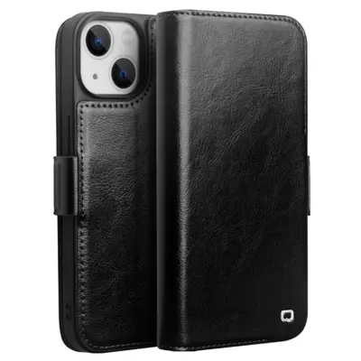 QIALINO iPhone 13 Plånboksfodral Äkta läder Flip - Svart
