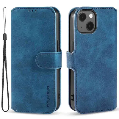 DG.MING iPhone 14 Plus Plånboksfodral Retro Stil Blå Konstläder