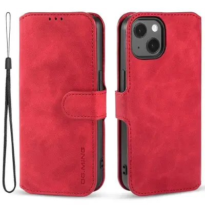 DG.MING iPhone 14 Plus Plånboksfodral Retro Stil Röd Konstläder