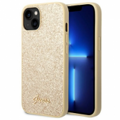GUESS iPhone 14 Skal Plus Glitter Flakes Script Metal Logo - Guld