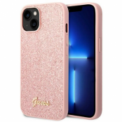 GUESS iPhone 14 Skal Plus Glitter Flakes Script Metal Logo - Rosa