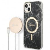 GUESS iPhone 14 Plus Magsafe Skal Marble + Trådlös Laddare - Svart