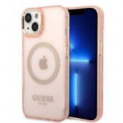GUESS iPhone 14 Plus Skal MagSafe Gold Outline Translucent - Rosa
