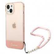 GUESS iPhone 14 Plus Skal Translucent Pearl Strap - Rosa