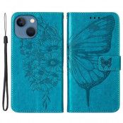 iPhone 14 Plus Plånboksfodral Butterfly Flower Imprinted - Blå