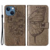 iPhone 14 Plus Plånboksfodral Butterfly Flower Imprinted - Grå