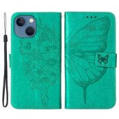 iPhone 14 Plus Plånboksfodral Butterfly Flower Imprinted - Grön