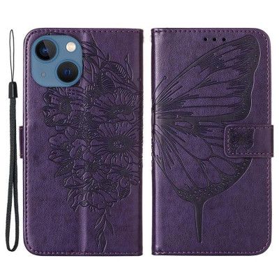 iPhone 14 Plus Plånboksfodral Butterfly Flower Imprinted - Lila