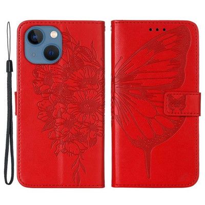 iPhone 14 Plus Plånboksfodral Butterfly Flower Imprinted - Röd