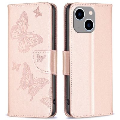 iPhone 14 Plus Plånboksfodral Butterfly Imprinted - Rosa Guld