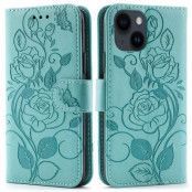 iPhone 14 Plus Plånboksfodral Imprinted Roses - Turkos