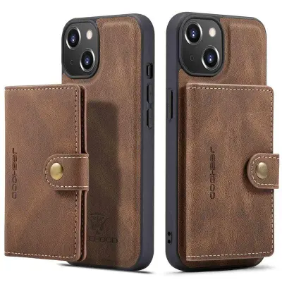 JEEHOOD iPhone 14 Plus Plånboksfodral 2-i-1 Konstläder TPU Kickstand Brun