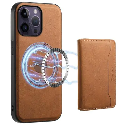 DENIOR D13 iPhone 14 Pro Max Fodral Magnetiskt Retro Konstläder Brun