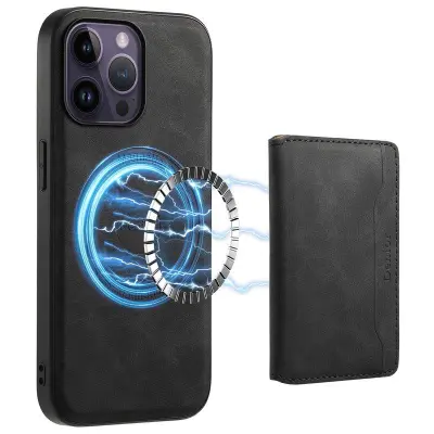 DENIOR D13 iPhone 14 Pro Max Fodral Magnetiskt Retro Läder TPU PC Svart