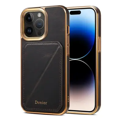 DENIOR iPhone 14 Pro Max Mobilskal Äkta Läder TPU+PC - Svart