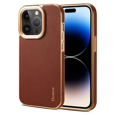 DENIOR iPhone 14 Pro Max Fodral i äkta läder + PC - Brun