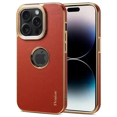 DENIOR iPhone 14 Pro Max Mobilskal PC+TPU+Äkta Läder - Mörkröd