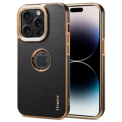 DENIOR iPhone 14 Pro Max Mobilskal PC+TPU+Äkta Läder Svart