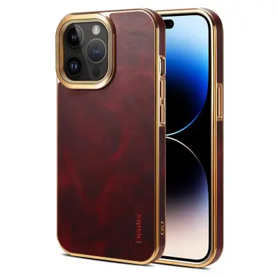 DENIOR iPhone 14 Pro Max Skal Äkta Läder + PU Läder + PC Röd