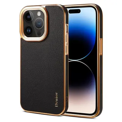 DENIOR iPhone 14 Pro Max Mobilskal i äkta läder och PC - Svart