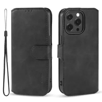 DG.MING iPhone 14 Pro Max Konstläder Plånboksfodral Retro Stil Magnetisk Svart