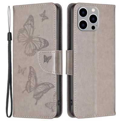 iPhone 14 Pro Max Plånboksfodral Butterflies Imprinted - Grå