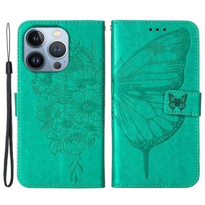 iPhone 14 Pro Max Plånboksfodral Butterfly Flower Imprinted - Grön