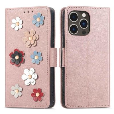 iPhone 14 Pro Max Plånboksfodral Flower Decor Magnetic - Rosa Guld