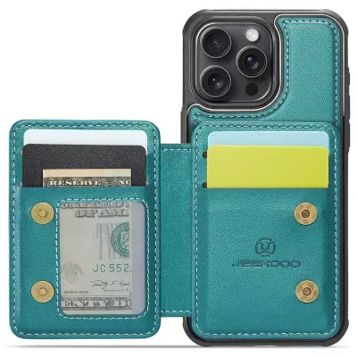 JEEHOOD J05 iPhone 14 Pro Max Mobilskal Läder med Magnetficka Cyan