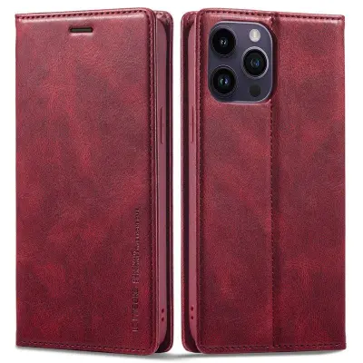 LC.IMEEKE iPhone 14 Pro Max Plånboksfodral Konstläder - Röd