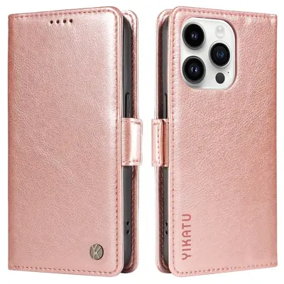 YIKATU iPhone 14 Pro Max Plånboksfodral Litchi Texture - Roséguld