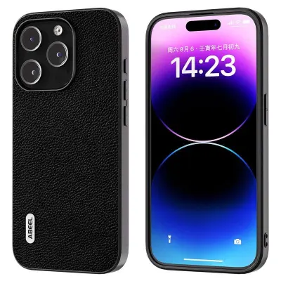 ABEEL iPhone 14 Pro Mobilskal Skyddande LitchÄkta Läder Svart