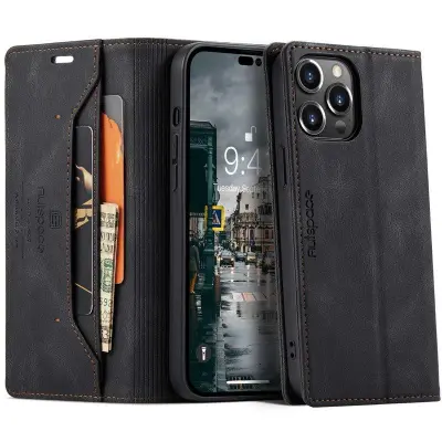 AUTSPACE A01 iPhone 14 Pro Fodral Retro Matte KonstLäder - Svart