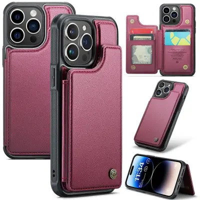 CASEME C22 iPhone 14 Pro Fodral KonstLäder RFID-Skydd- Röd