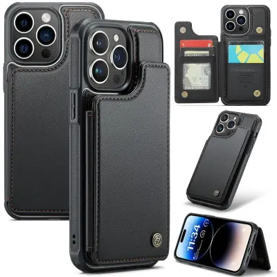 CASEME C22 iPhone 14 Pro Fodral KonstLäder RFID-Skydd- Svart