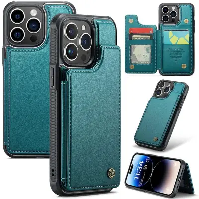 CASEME C22 iPhone 14 Pro Fodral KonstLäder RFID-Skydd Kortfack Grön