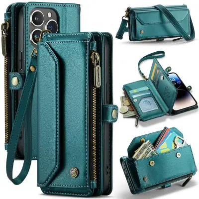 CASEME Plånboksfodral Konstläder för iPhone 14 Pro med kortfack - Grön