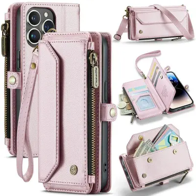 CASEME Plånboksfodral Konstläder för iPhone 14 Pro med kortfack - Rosa