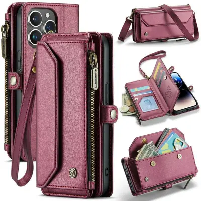CASEME Plånboksfodral Konstläder till iPhone 14 Pro - Vinröd