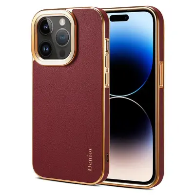 DENIOR iPhone 14 Pro Fodral Äkta Läder + PC Röd
