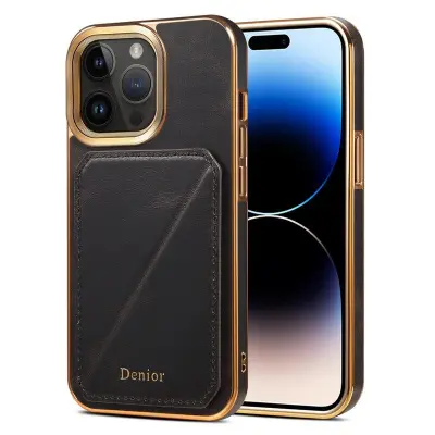 DENIOR iPhone 14 Pro Mobilskal Äkta Läder + TPU + PC - Svart