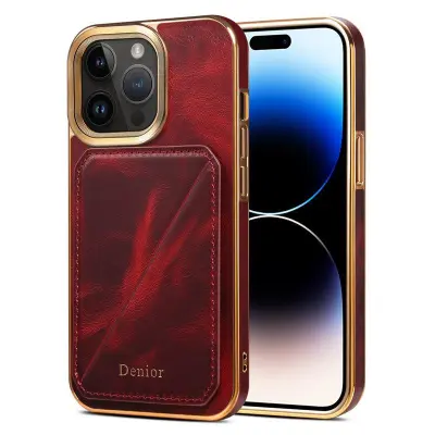 DENIOR iPhone 14 Pro Mobilskal Vaxad Äkta Läder + TPU + PC Röd