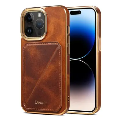 DENIOR iPhone 14 Pro Skal i äkta läder med kortfack - Brun