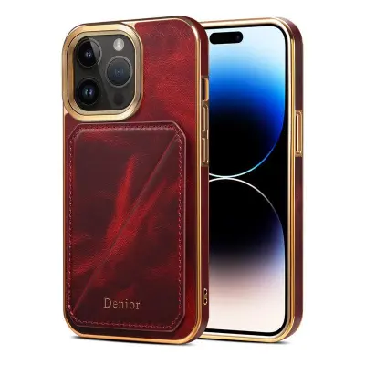 DENIOR iPhone 14 Pro Mobilskal i äkta läder med kortfack - Röd