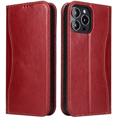 FIERRE SHANN iPhone 14 Pro Plånboksfodral Äkta läder - Röd