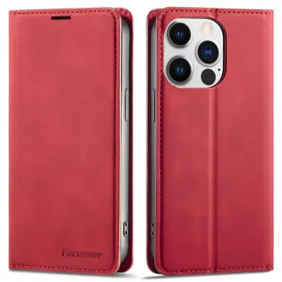 FORWENW iPhone 14 Pro Plånboksfodral Konstläder - Röd