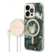 GUESS iPhone 14 Pro Magsafe Skal Jungle + Trådlös Laddare - Grön