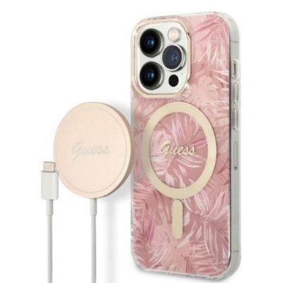 GUESS iPhone 14 Pro Magsafe Skal Jungle + Trådlös Laddare - Rosa